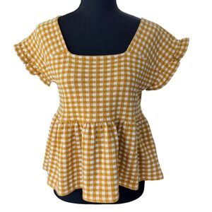 Madewell Gingham Peplum Top Mustard Yellow White Square Neck Flutter Sleeve XS